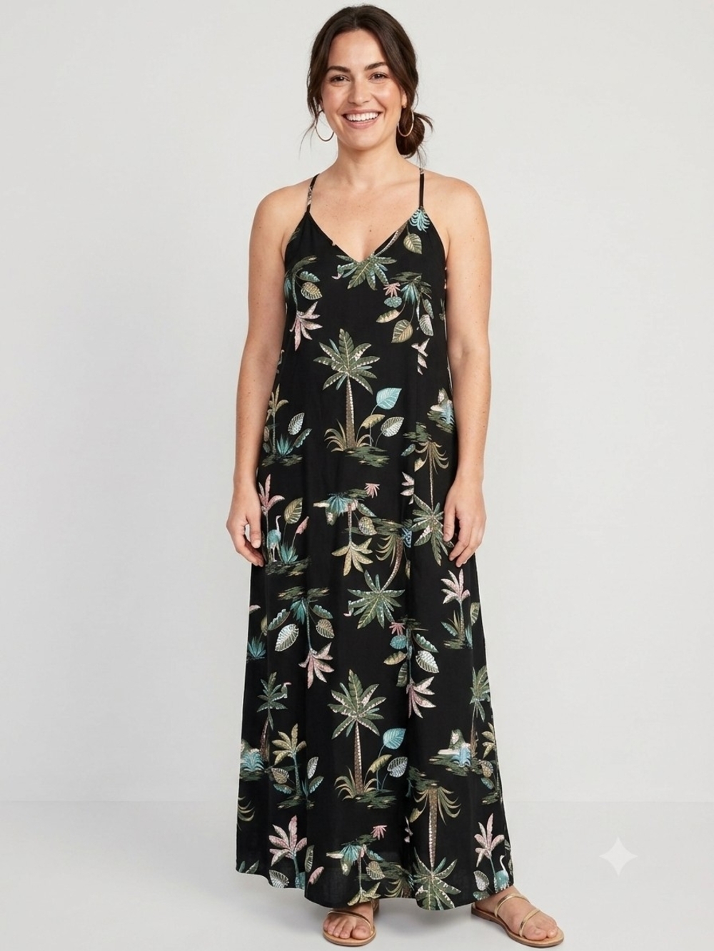 Black Tropical Palm Print Maxi Slip Dress